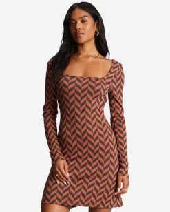 Billabong Still Your Girl Long Sleeve Jersey Dress BRICK (brk) -billabong shop abjkd00196 billabongw brk frt1 1