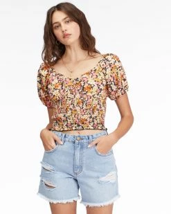 Billabong Get Along Puff Sleeve Top BLACK MULTI (bml)