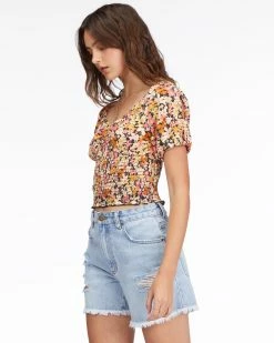 Billabong Get Along Puff Sleeve Top BLACK MULTI (bml) -billabong shop abjkt00384 billabongw bml sd1