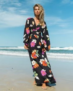 Billabong Night Bloom Long Sleeve Maxi Dress BLACK PEBBLE (bpb)