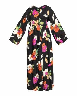 Billabong Night Bloom Long Sleeve Maxi Dress BLACK PEBBLE (bpb) -billabong shop abjwd00151 billabongv bpb frt1