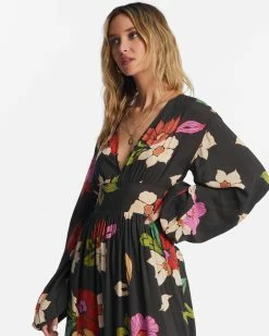 Billabong Night Bloom Long Sleeve Maxi Dress BLACK PEBBLE (bpb) -billabong shop abjwd00151 billabongw bpb dtl1