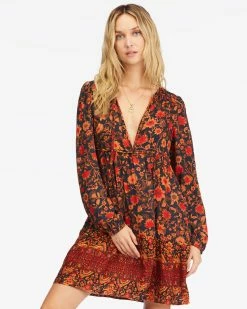 Billabong Hearts Desire Long Sleeve Mini Dress BLACK MULTI (bml)