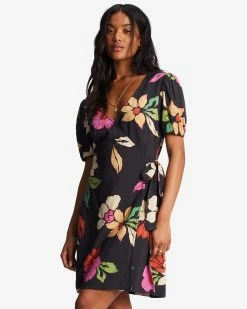 Billabong Hot Tropics Mini Wrap Dress BLACK PEBBLE (bpb)