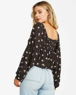 Billabong Love You More Long Sleeve Sweetheart Blouse OFF BLACK (ofb) -billabong shop abjwt00254 billabongw ofb bck1