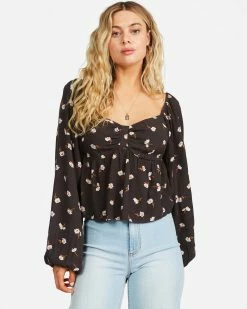 Billabong Love You More Long Sleeve Sweetheart Blouse OFF BLACK (ofb)