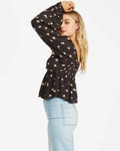 Billabong Love You More Long Sleeve Sweetheart Blouse OFF BLACK (ofb) -billabong shop abjwt00254 billabongw ofb sd1