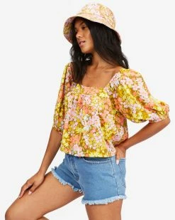 Billabong Beach Daze Puff Sleeve Crop Top MOSS (mos) -billabong shop abjwt00258 billabongw mos sd1