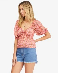Billabong Beachy Babe Puff Sleeve Crop Top VINTAGE CORAL (vco)