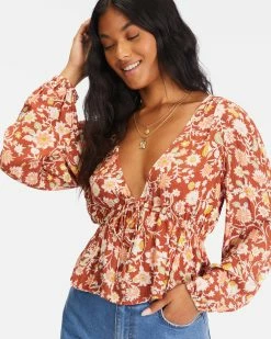 Billabong Time Goes By Long Sleeve Crop Top RED CLAY (rcl) -billabong shop abjwt00332 billabongw rcl dtl1