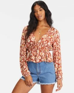 Billabong Time Goes By Long Sleeve Crop Top RED CLAY (rcl) -billabong shop abjwt00332 billabongw rcl frt1 1