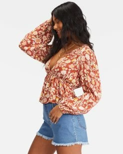 Billabong Time Goes By Long Sleeve Crop Top RED CLAY (rcl) -billabong shop abjwt00332 billabongw rcl sd1