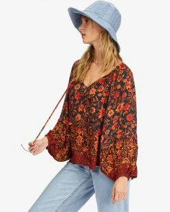Billabong Peace & Love Long Sleeve Blouse BLACK MULTI (bml) -billabong shop abjwt00337 billabongw bml sd1