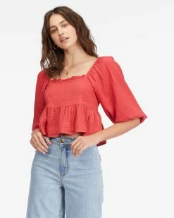 Billabong Cross My Heart Puff Sleeve Crop Top DEEP LOVE (rqr0)