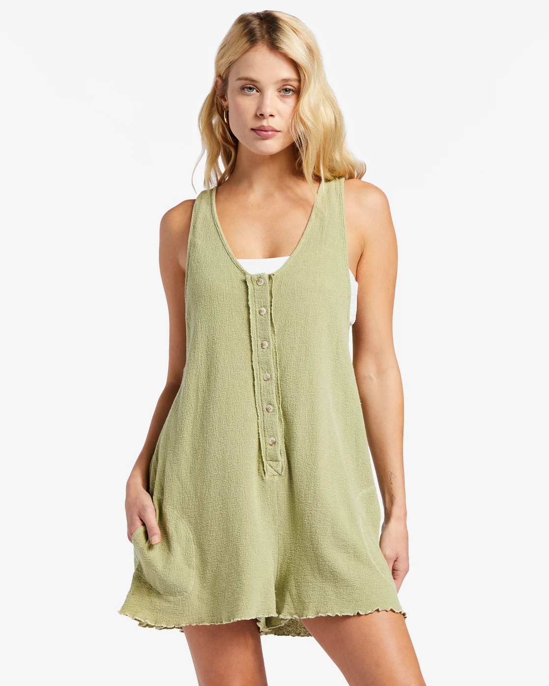 Billabong Fade Away Button-Up Knit Romper AVOCADO (avo) 1 Billabong Fade Away Button-Up Knit Romper AVOCADO (avo)