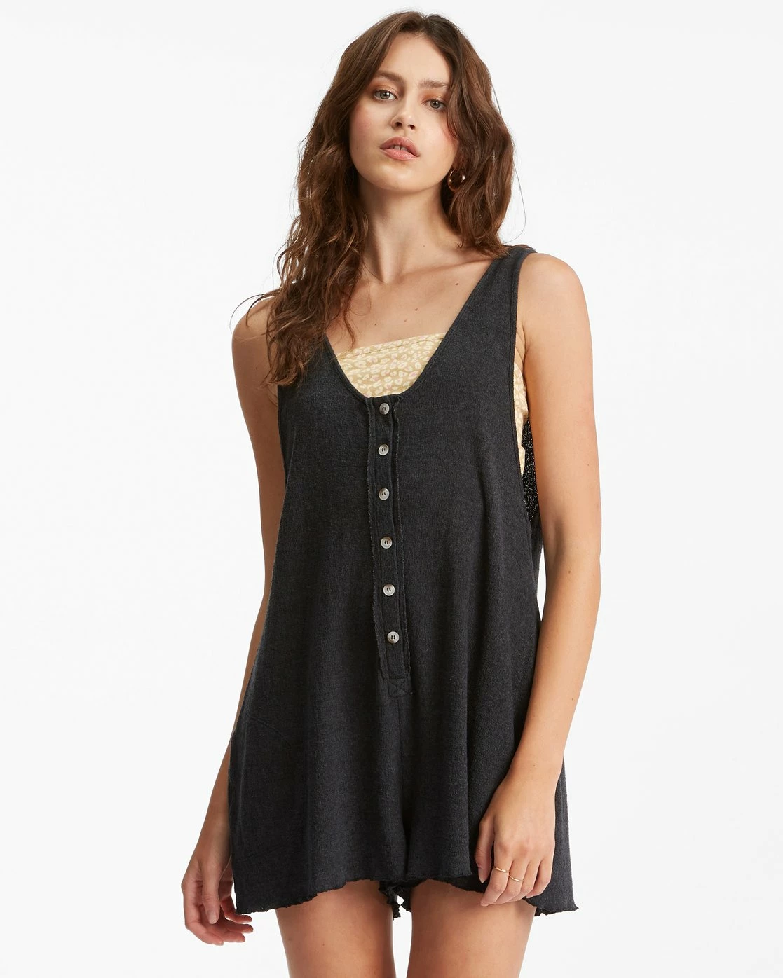 Billabong Fade Away Button-Up Knit Romper OFF BLACK (ofb) 1 Billabong Fade Away Button-Up Knit Romper OFF BLACK (ofb)